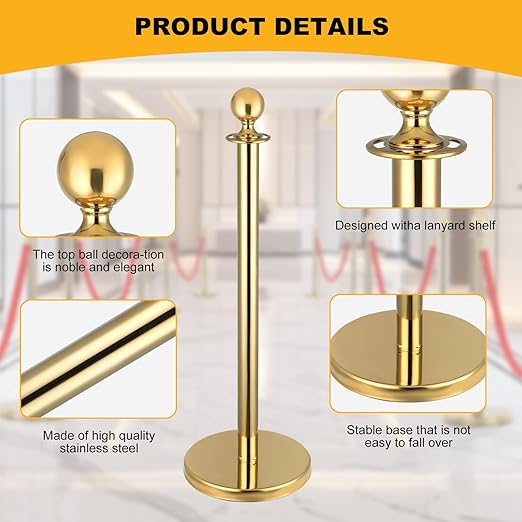 8 PCS Stainless Steel Stanchion Post,5Ft Red Velvet Rope, Hollow Base and Velvet Ropes Safety Barriers Set, Poles Crowd Control Barriers for Red Carpet Themed Decoration (8)
