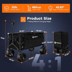 38"L Collapsible Wagon Cart Foldable, 460lbs Weight Capacity 220L Heavy Duty Folding Beach Wagons with Big All-Terrain Wheels, Utility Carts for Groceries, Shopping, Camping, Sports - Black