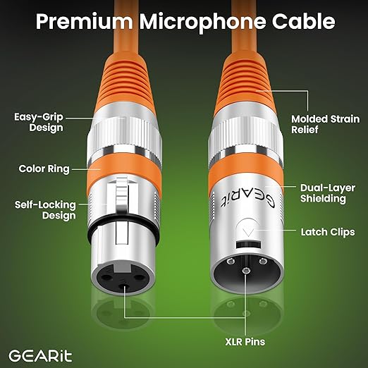 GEARit XLR Male to Female Microphone Cable (100 Feet, 1 Pack) 3-Pin Balanced Shielded Mixer, Recording Studio, Podcast - Orange