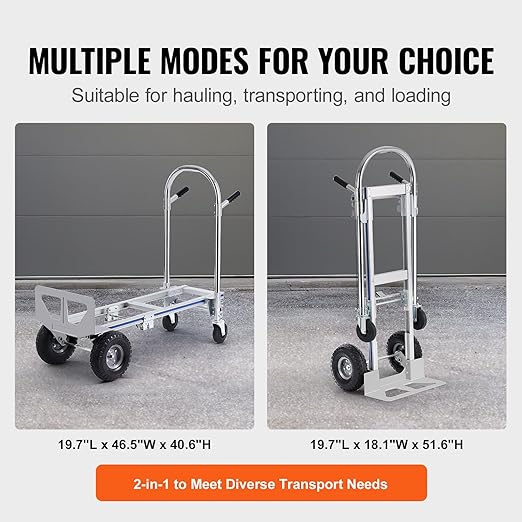 VEVOR Aluminum Truck, 2 in 1, 800 lbs Load Capacity, Heavy Duty Industrial Convertible Folding Hand Truck and Dolly, Utility Cart Converts from Hand Truck to Platform Cart with Rubber Wheels
