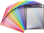20 Pack Dry Erase Pockets with Rings, 10 x 14 Inch Ticket Holders Clear Plastic Sleeves Sheet Protectors for Teacher Classroom Sleeves, 10 Assorted Colors