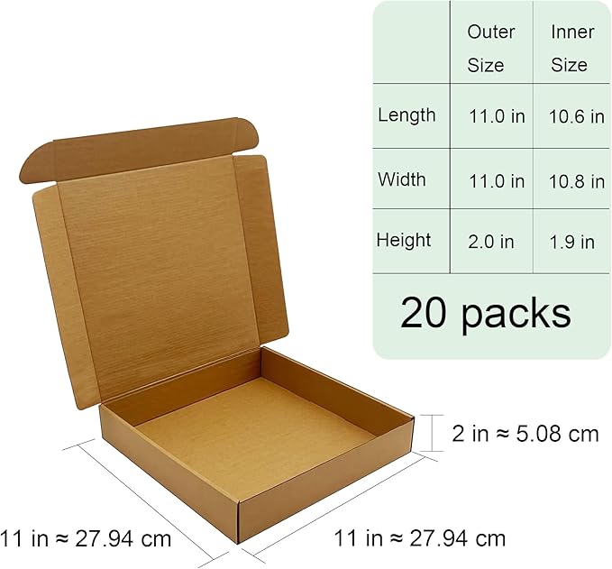 11x11x2 inch Shipping Boxes，Bulk 20 Pack，Brown Corrugated Mailers Cardboard Literature Mailer Box for Packaging Business, Mailing,Moving and Storage，Small Gift Boxes for Wrapping Mailing Present