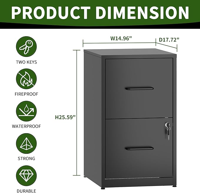 2 Drawer File Cabinet with Lock, Steel Vertical Filing Cabinets for Home Office, Small Metal Storage Cabinet for Hanging Letter Size Files Folders, Assembly Required(Black)