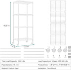 1000 lbs 4-Shelf Adjustable Heavy Duty Steel Wire Rack, Adjustable Storage Shelving Unit with Wheel for Kitchen, Garage, Laundry White 11.8" D x 17.7" W x 40.8" H
