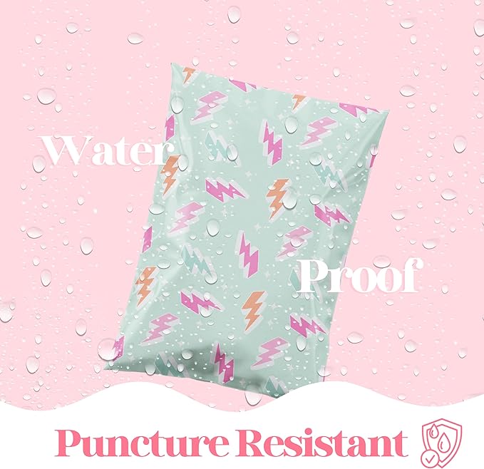 10x13 Designer Poly Mailer 100 Pack Heavy Duty Waterproof Self Seal Shipping Bags for Small Business Large Mailing Envelopes Bulk Tear Resistant Cute Packaging Lightning Bolt