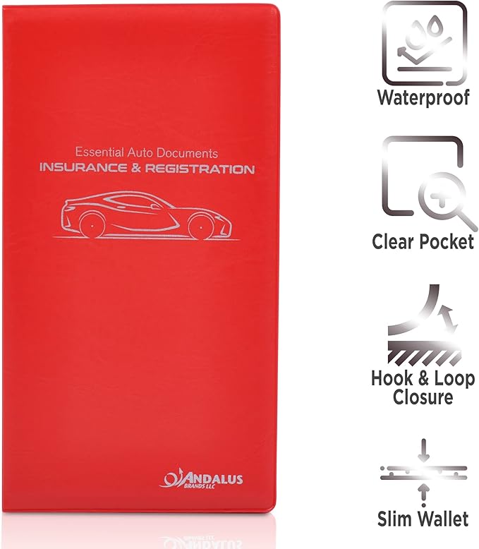Andalus Auto Registration & Insurance Card Holder Pack of 1, Waterproof Essential Car Registration Holder with Hook & Loop Closure, Perfect for Every Vehicles Glove Boxes (Red - 9.5" x 5.15")
