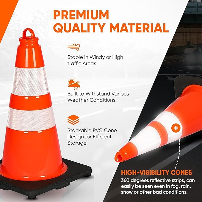 Pyle 18" Traffic Cones 12-Pack, High-Visibility Orange Safety Cones for Parking, Roadwork, Construction and Sports Training, Stackable Design with Heavy-Duty PVC Base, Weather-Resistant