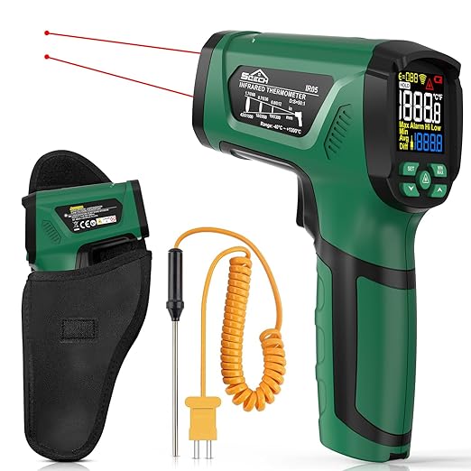 Infrared Thermometer Gun,SQECH Laser Thermometer Gun -40℉～2192℉(-40℃～1200℃),50:1 Non-Contact High Temp Thermometer with Thermocouple Probe,Color Backlight,Adjustable Emissivity,for Industry&Home