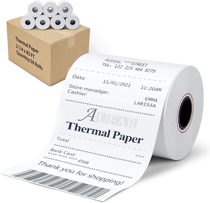 AUEAR, Thermal Cash Register POS Paper Rolls, 2 1/4" x 85' - BPA Free (50 Pack)
