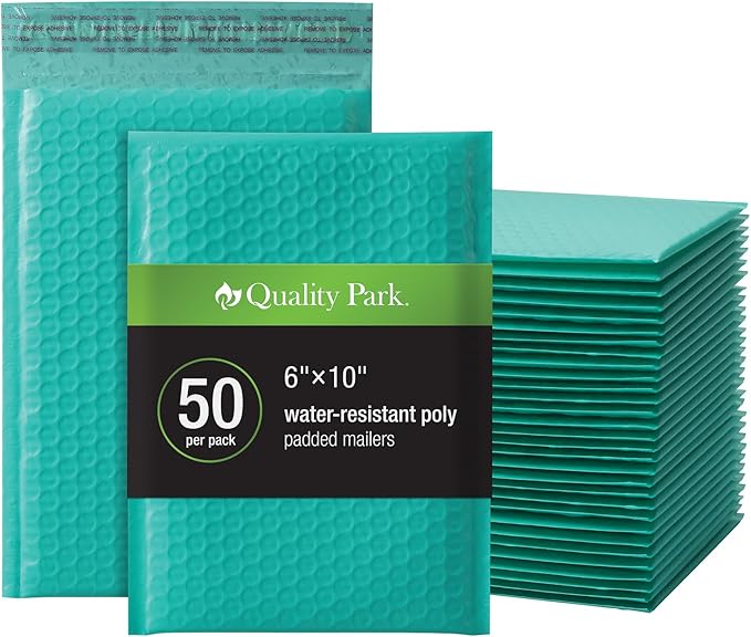 Quality Park Bubble Mailers, 6 x 9 Inch, Teal Poly Mailers, Padded Envelopes, Shipping Envelopes, Water Resistant, Self Seal, 50 Per Box (QUA85857)