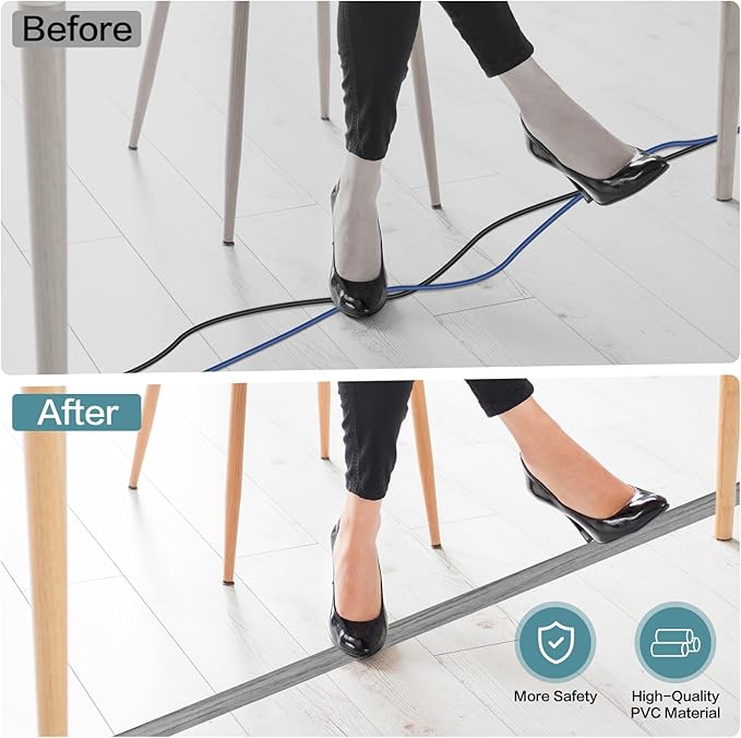 Floor Cord Cover Self Adhesive Cord Hider Floor Extension Cord Covers for Floor Power Cord Protector Cable Management Prevent Cable Trips Cable Cavity 0.51" W x 0.31" H (Light Grey Wood, 3.3Ft)