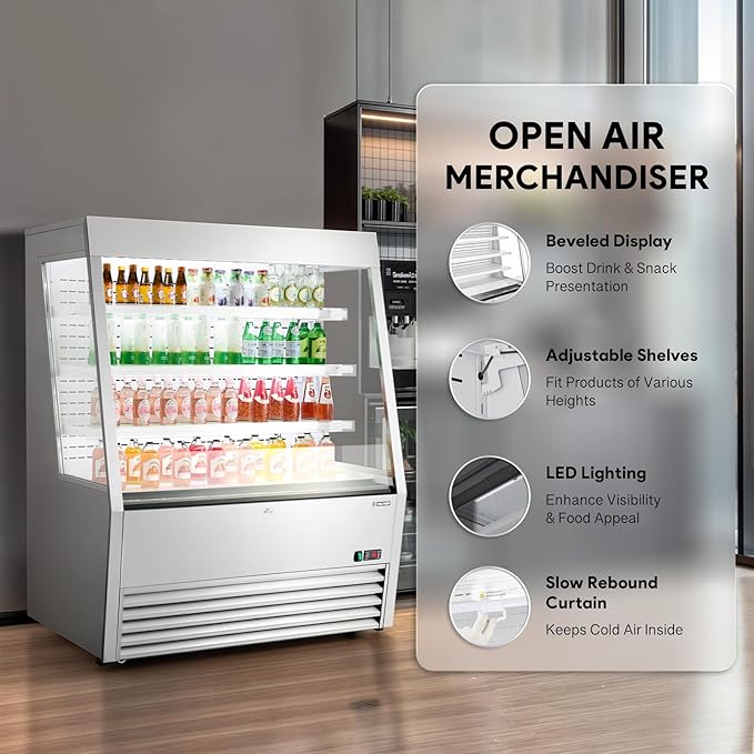 Wilprep Commercial Display Refrigerator, 47" Open Air Merchandiser with 16 cu. ft. Volume LED Lighting Night Curtain, Grab and Go Display Refrigerator Showcase for Store Cafe Bar Shop