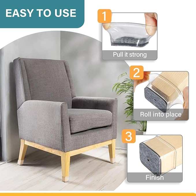 24 Pcs Chair Leg Floor Protectors Rectangle, Silicone Felt Furniture Leg Pads Caps Covers for Hardwood Floors (Fit Perimeter 6" to 8")