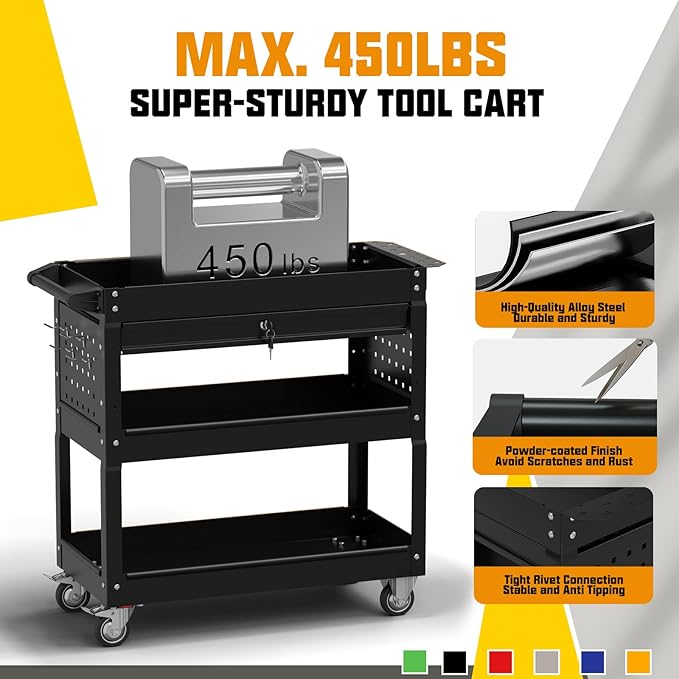 3 Tier Rolling Tool Cart on Wheels, 450 LBS Capacity Tool Cart with Drawers, Heavy Duty Rolling Utility Carts on Wheels, Rolling Tool Work Carts for Garage, Warehouse and Repair Shop,Black