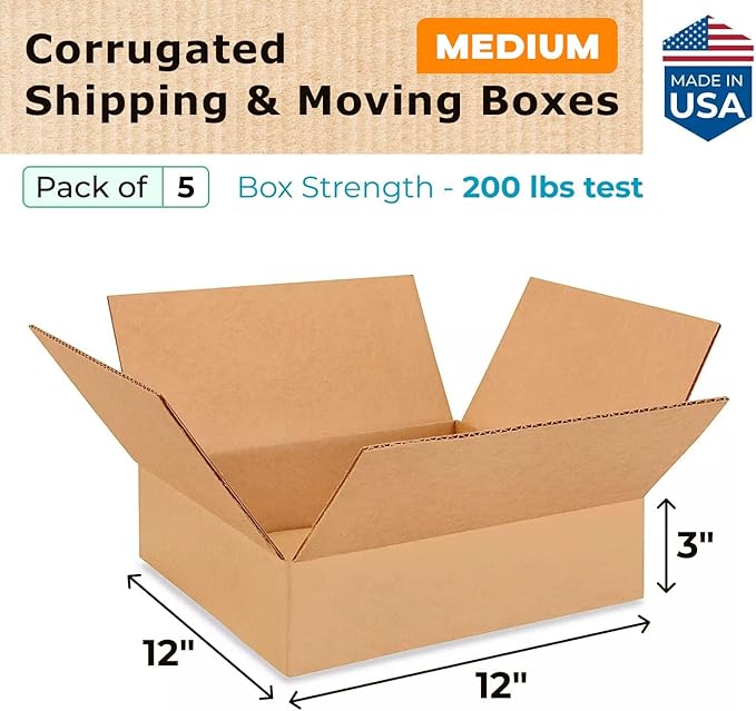 Medium Moving & Shipping Boxes 12 x 12 x 3 inches (5-Pack) - Extra Strength 200 lb vs Regular - Corrugated Durable Boxes for Packaging - Shipping Box Medium - Heavy Duty Box by IDL Packaging