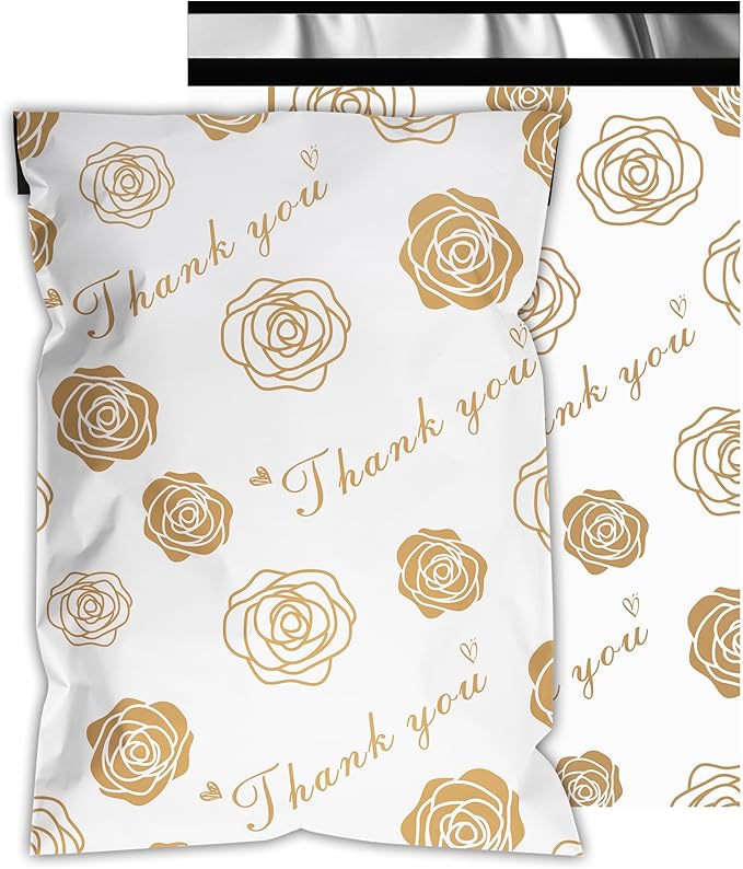 Thank You Poly Mailers 10x13 Inch 25 Pcs - Gold Rose Printed Shipping Bags for Clothing - Waterproof and Tear Resistant Mailing Envelopes - Self-Sealing Packaging Bags for Small Business