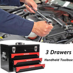 3 Drawers Metal Tool Box, 19" Heavy Duty Steel Tool Chest w/Key Lock & Handle, Multi-Function Top Storage Tray Toolbox w/Powder Coating & Ball Bearing Slides for Garage & Workshop(Black+Red)