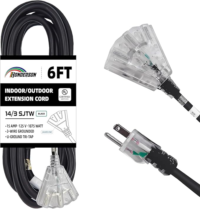 3-Outlets Indoor Outdoor Extension Cord Weatherproof with Lighted End, UL Listed, 14 Gauge 6FT Black 3 Prong Heavy Duty, 14/3 SJTW 15A Power Cord