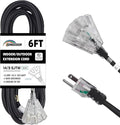 3-Outlets Indoor Outdoor Extension Cord Weatherproof with Lighted End, UL Listed, 14 Gauge 6FT Black 3 Prong Heavy Duty, 14/3 SJTW 15A Power Cord