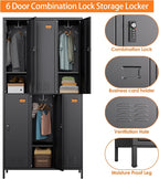 6 Doors Metal Lockers for Employees with Combination Locks and 6 Shelves, Storage Locker with 18 Hooks and Business Card Holder for Office Gym School Bedroom, Assembly Required, Black