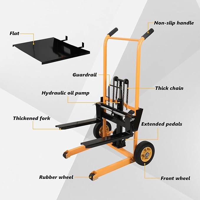 Manual Forklift Pallet Stakcer 43.3" Lift Height with Adjustable Forks and Fixed Legs Pallet Truck Dolly Stacker, 450 Lbs Capacity Hydraulic Material Lift for Supermarket, Warehouse, and Household