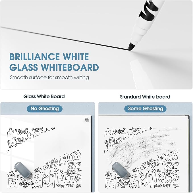 MaxGear Glass White Board 96"x48", Magnetic Glass Dry Erase Board for Wall, Large Frameless Whiteboard with 1 Eraser,3 Markers and 6 Magnets for Office, School, Home
