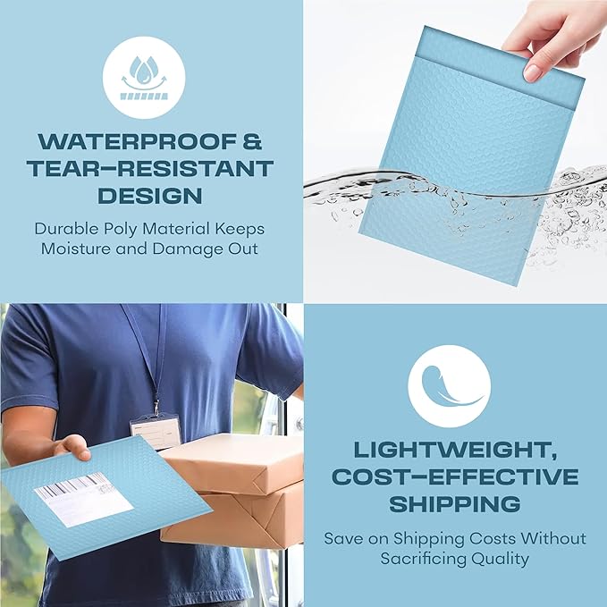Light Blue Small Poly Bubble Mailers 6x10 inch #0 | Self Seal Padded Envelopes | Cushioned Bubble Mailer | Usable Size 6x9 | WaterProof | Lightweight mailing Shipping Bags | 250 Pack Bulk