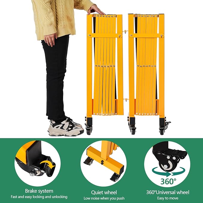 16FT Industrial Expandable Barricade Folding Security Gate with Wheels,Retractable Driveway Gate with Aluminum Fence and 270 Degrees Direction Adjustment(Yellow, 16FT)
