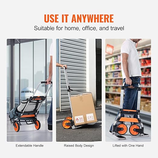 VEVOR Folding Hand Truck and Dolly, 275 Lbs Capacity, Aluminum Foldable Cart, Heavy-Duty Luggage Trolley Cart with Telescoping Handle and PP+TPR Wheels for Home, Office, Shopping, Travel