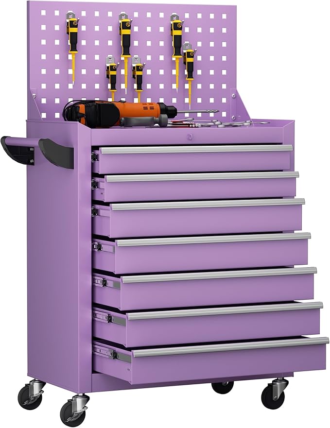Greenvelly 7-Drawer Metal Tool Chest, Rolling Tool Chest with Wheels, Tool Cabinet with Detachable Top Tool Box, Metal Tool Cart with Liner & Hooks for Garage, Workshop, Warehouse (Purple)