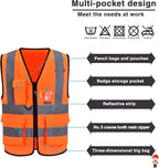 A-SAFETY Orange High Visibility Safety Vest Reflective,3M Multi Pockets Working Vest Working Uniform Zipper Front ANSI/ISEA Standards 7 Pockets Class 2,Large