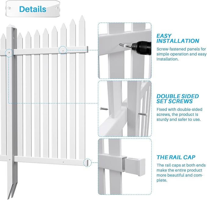 Patio Outdoor Fence 36"Hx84"L (10Sets) White Vinyl Picket Fence Panels Privacy Fence Decorative, PVC Garden Fence Temporary Fencing for Backyard Porch Dogs, Suitable for Soft Ground