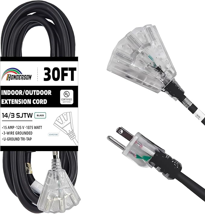 3-Outlets Indoor Outdoor Extension Cord Weatherproof with Lighted End, UL Listed, 14 Gauge 30FT Black 3 Prong Heavy Duty, 14/3 SJTW 15A Power Cord