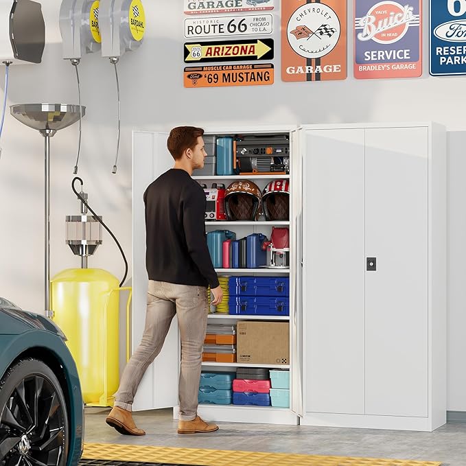 Metal Garage Storage Cabinets with Lock, 72" Tall Tool Cabinet with 2 Door and 5 Adjustable Shelves, Locking Garage Cabinets and Lockable Steel Locker for Home Office Warehouse - (White-72”H)
