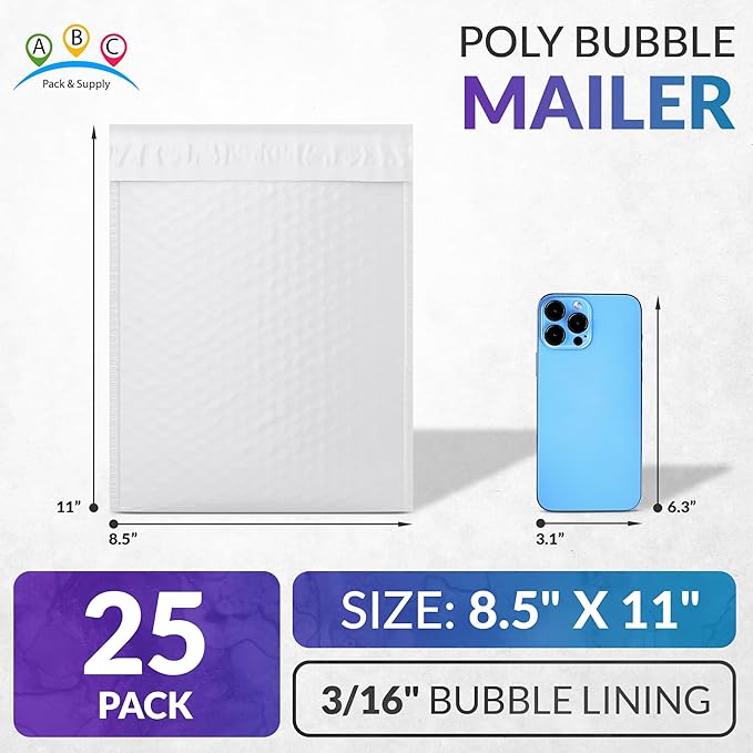 ABC PACK & SUPPLY Poly Bubble Mailers, 8.5 x 11 Inch. Pack of 25 White Padded Envelopes Self Seal. Tear-Proof Gift Bubble Envelopes. Waterproof Packaging for Small Business. Cushioning Book Mailers