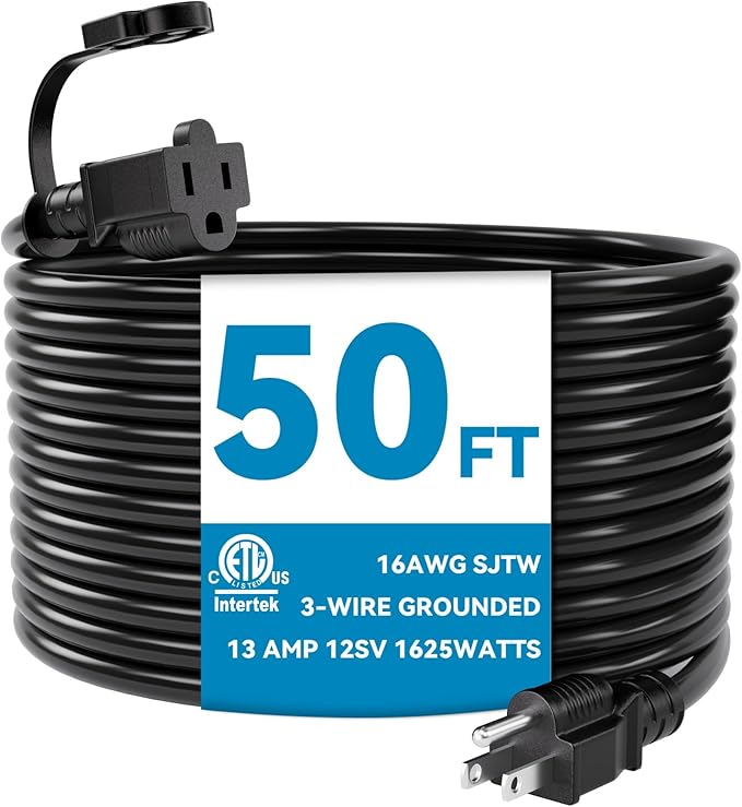 K KASONIC - 50 Feet Outdoor Extension Cord, ETL Listed, SJTW 16AWG/13A 3 Prong Power Cord Extension for Home or Office Use, Black
