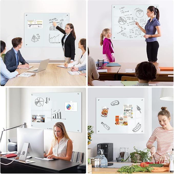 Magnetic Glass Whiteboard, 4' x 3' Glass Dry Erase Board for Wall, 48" x 36" Large Frameless White Board with 1 Marker Tray and 3 Magnets for Office, Home, Classroom - Normal White