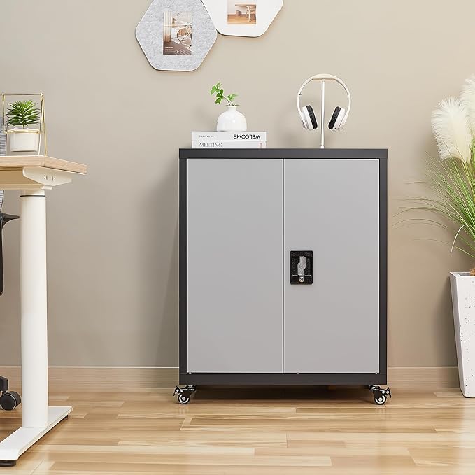 GREATMEET Metal Storage Cabinet with Locking Doors and Wheels,Garage Cabinet with Shelves for Home Office, Gym, School,Black+Grey