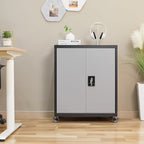 GREATMEET Metal Storage Cabinet with Locking Doors and Wheels,Garage Cabinet with Shelves for Home Office, Gym, School,Black+Grey