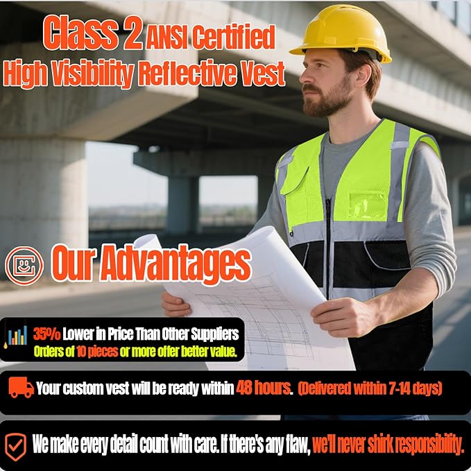 BeautyWill 10/20 Pack Custom Logo Safety Vest,Bulk High Visibility Class 2 Reflective Work Vests