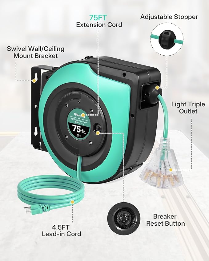 Retractable Cord Reel, 75 FT Heavy Duty Extension Cord, 14AWG/3C SJTOW, 3 Grounded Outlets Lighted Triple Tap, 10A Circuit Breaker, Wall/Ceiling Mounted, UL Listed, Light Green A75CR06