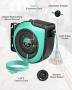 Retractable Cord Reel, 75 FT Heavy Duty Extension Cord, 14AWG/3C SJTOW, 3 Grounded Outlets Lighted Triple Tap, 10A Circuit Breaker, Wall/Ceiling Mounted, UL Listed, Light Green A75CR06