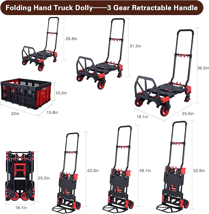 2-in-1Hand Truck Dolly Foldable with Folding Basket,330LBS Capacity Handtruck,Hand Truck Foldable Dolly with 4 Wheels,Dolly Cart with Retractable Handle,Folding Hand Cart for Moving