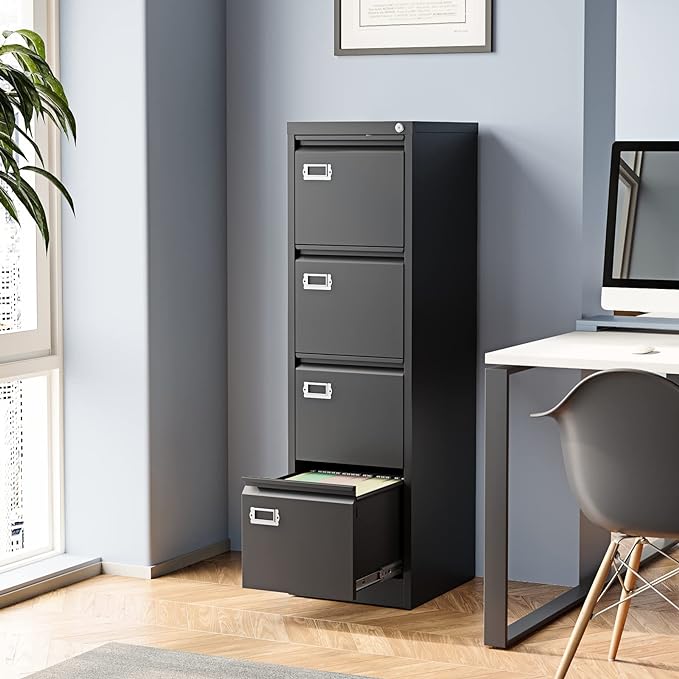 4 Drawer File Cabinet, Filing Cabinets for Home Office, Metal Vertical File Storage Cabinet with Lock, Locking File Cabinet for A4 Legal/Letter, 15" W x 17.7" D x 50.1" H, Assembly Required
