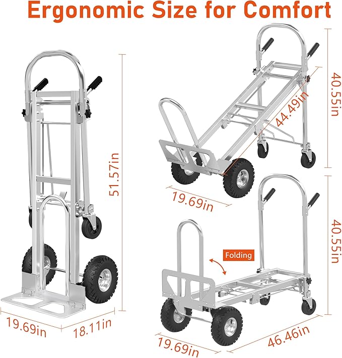 1000 LBS Dolly Cart with Wheels, 4 in 1 Folding Hand Truck, Stainless Steel Heavy Duty Industrial Convertible Hand Cart, Utility Collapsible Hand Truck Dolly for Warehouse, Home, Office, Etc