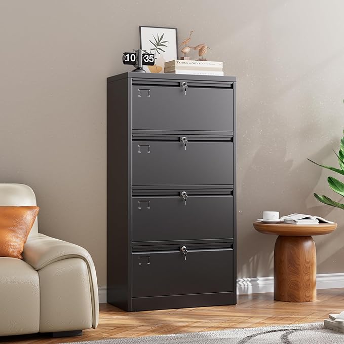 Aobabo 4 Drawer Wide Lateral File Cabinet, Metal Filing Cabinet with Lock, Suitable for Home Office School Hanging Files Letter/Legal/F4/A4 Size,Black,Required-Assembly,15.87" D x 28.94" W x 57.17" H