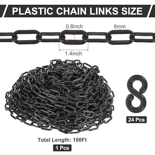 PATIKIL Plastic Chain Links, 100 Foot Safety Barrier Chain Black for Crowd Control, Queue Line, Parking, Fence, Gate, Concert, Construction Site and Decoration