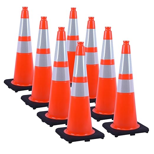 8 Pack 28 Inch Orange PVC Traffic Cones Black Base Stable Flexible, Road Safety Construction Zone Crowd Control Parking Safety Markers (8, Orange, 28 Inch)
