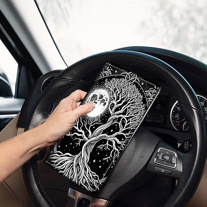Car Registration and Insurance Holder, Leather Car Glove Box Organizer, Cool Car Accessories for ID, Driver's License Cards & Essential Document,business cards,Men&WomenBlack White Tree Moon
