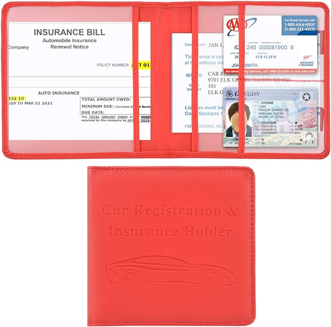 Cacturism Car Registration and Insurance Holder, Vehicle Glove Box Car Organizer Men Women Wallet Accessories Case for Cards, Essential Document, Driver License, Red